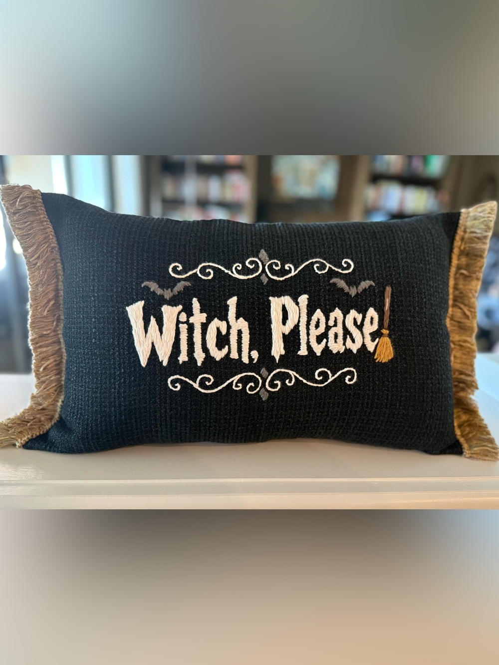 Hand Embroidered Halloween Accent Pillow - Witch, Please